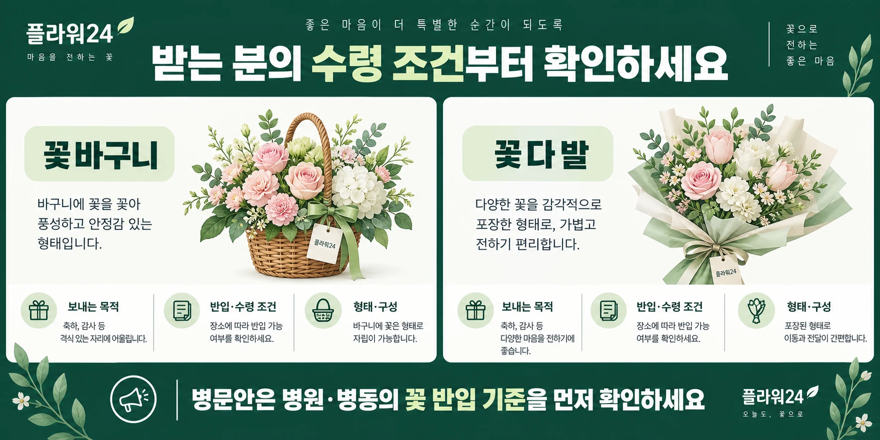 받는 분의 수령 조건부터 확인하세요. 목적과 장소를 확인하고 상품별 구성과 수령 조건을 살펴보세요.
